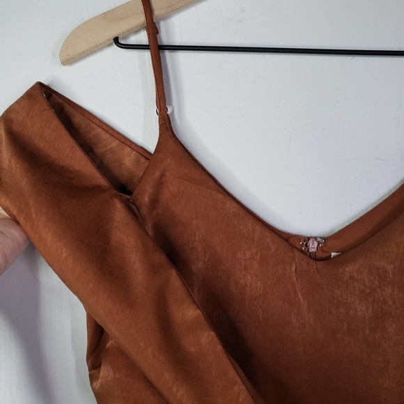 J.O.A. Anouk Satin Draped Shoulder Midi Dress S Side Slit Strappy Cocktail Brown - Picture 5 of 12